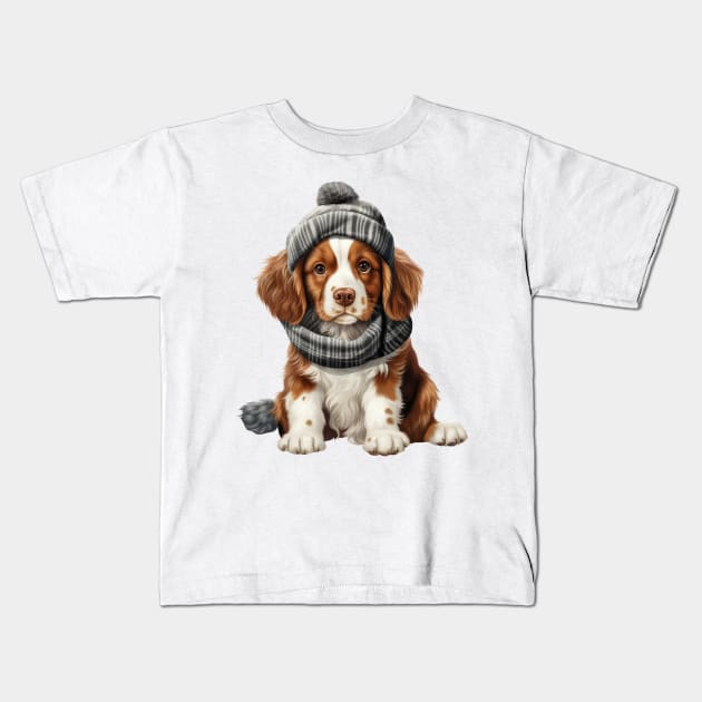 Winter Brittany Dog Kids T-Shirt by Chromatic Fusion Studio